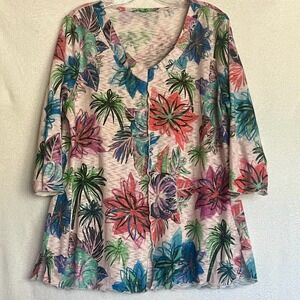 Floral Palm‎ Print Knit Tunic Top Blouse Colorful V Neck Casual Vacation Large
